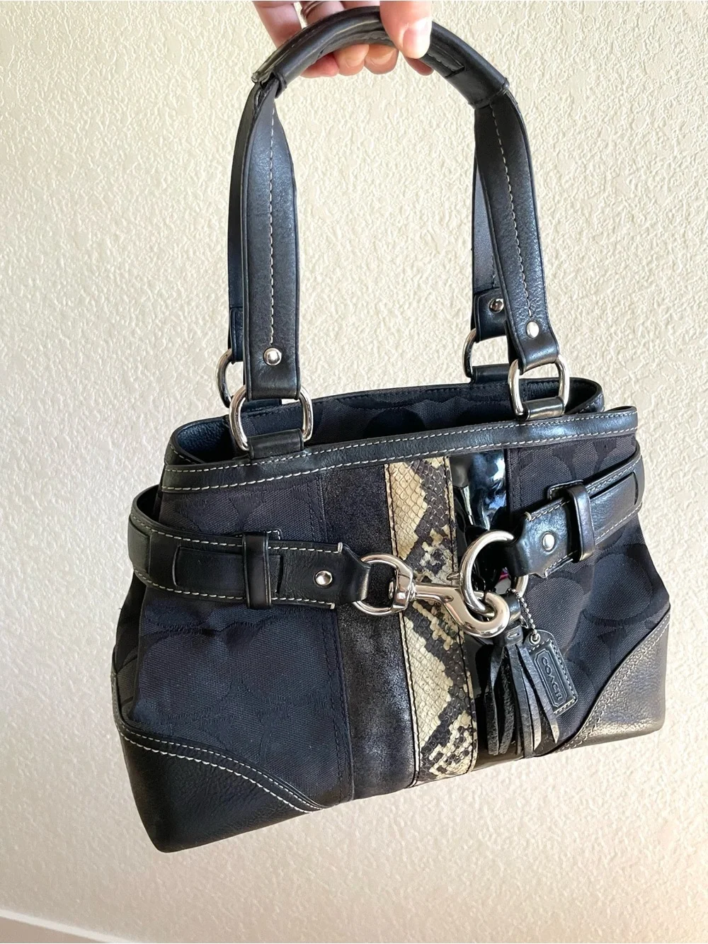 COACH Vintage Y2K Hamptons Black Jacquard Python Stripe Carryall Tote Bag 10262